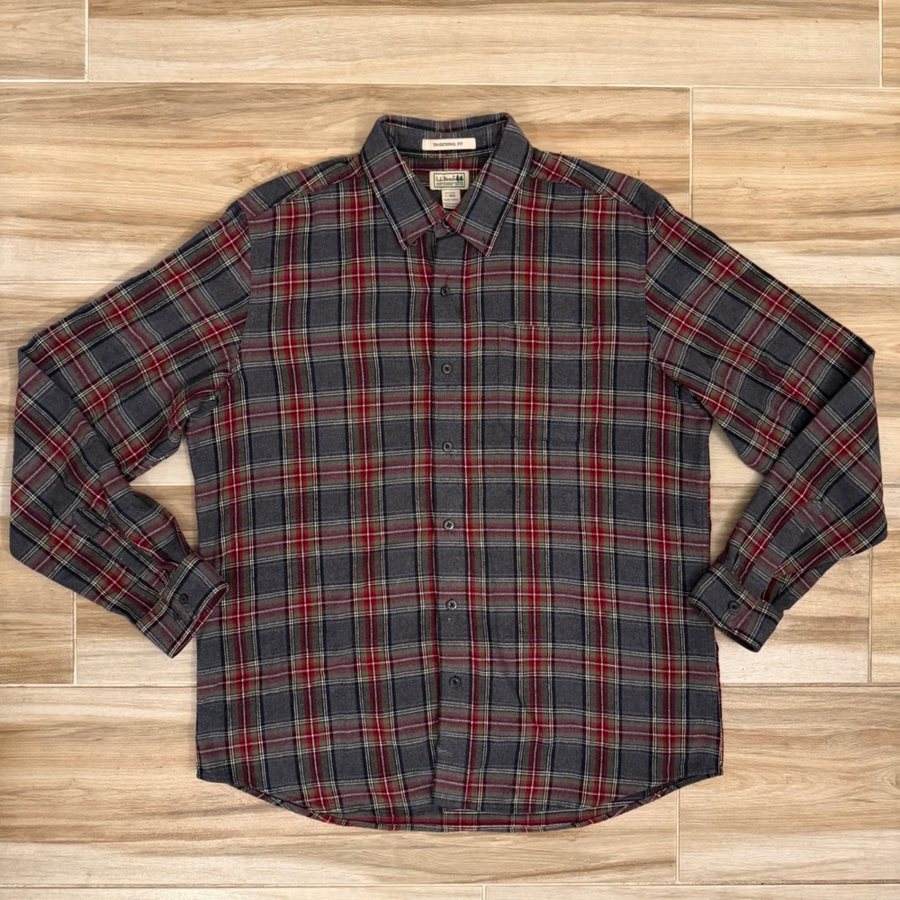 LL Bean Mens Traditional Fit Plaid Flannel Shirt Grey Red L-REG 228061